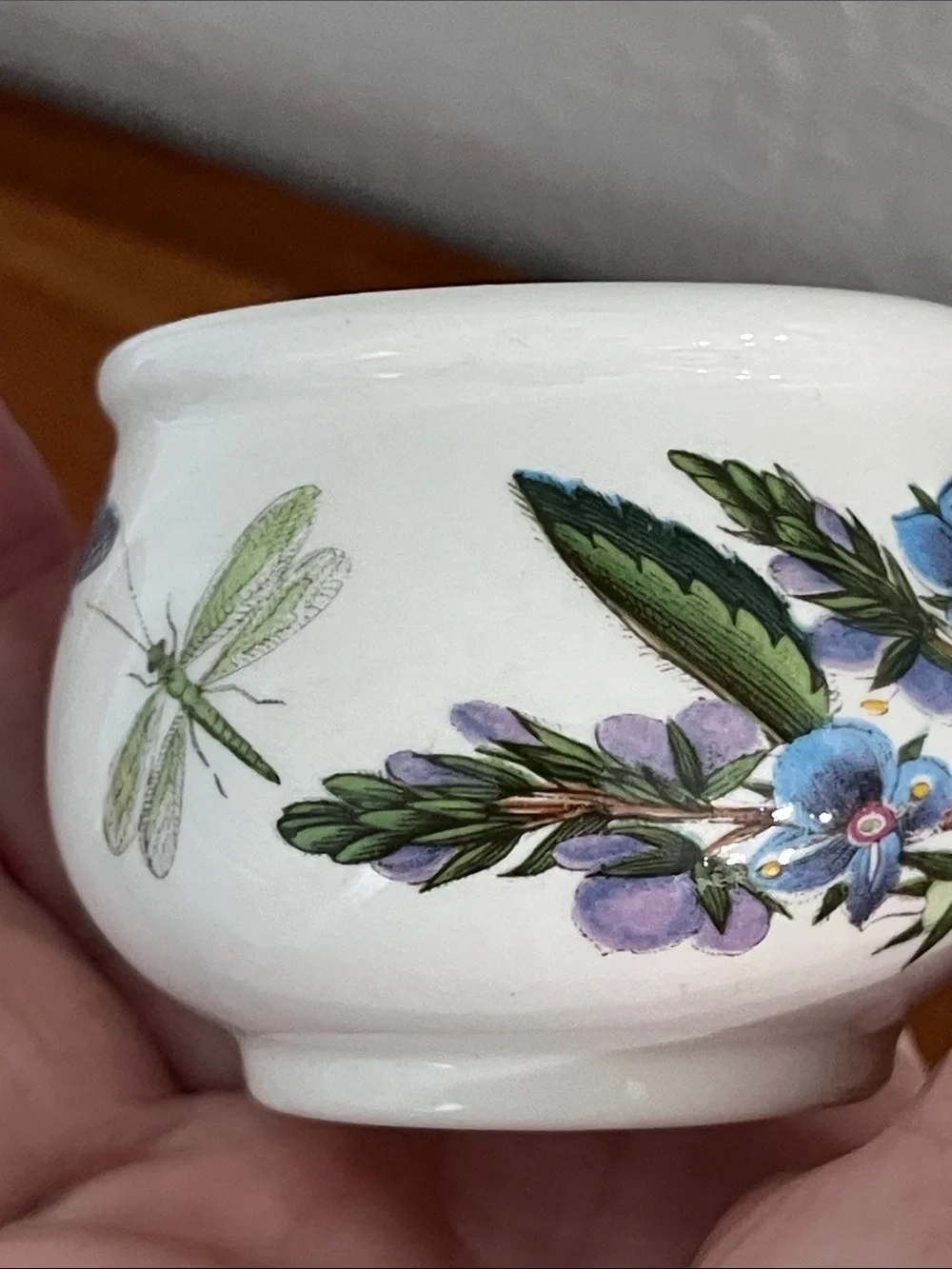 Portmeirion VTG Mustard Pot Blue Floral Ceramic Honey Pot with Wooden Spoon
